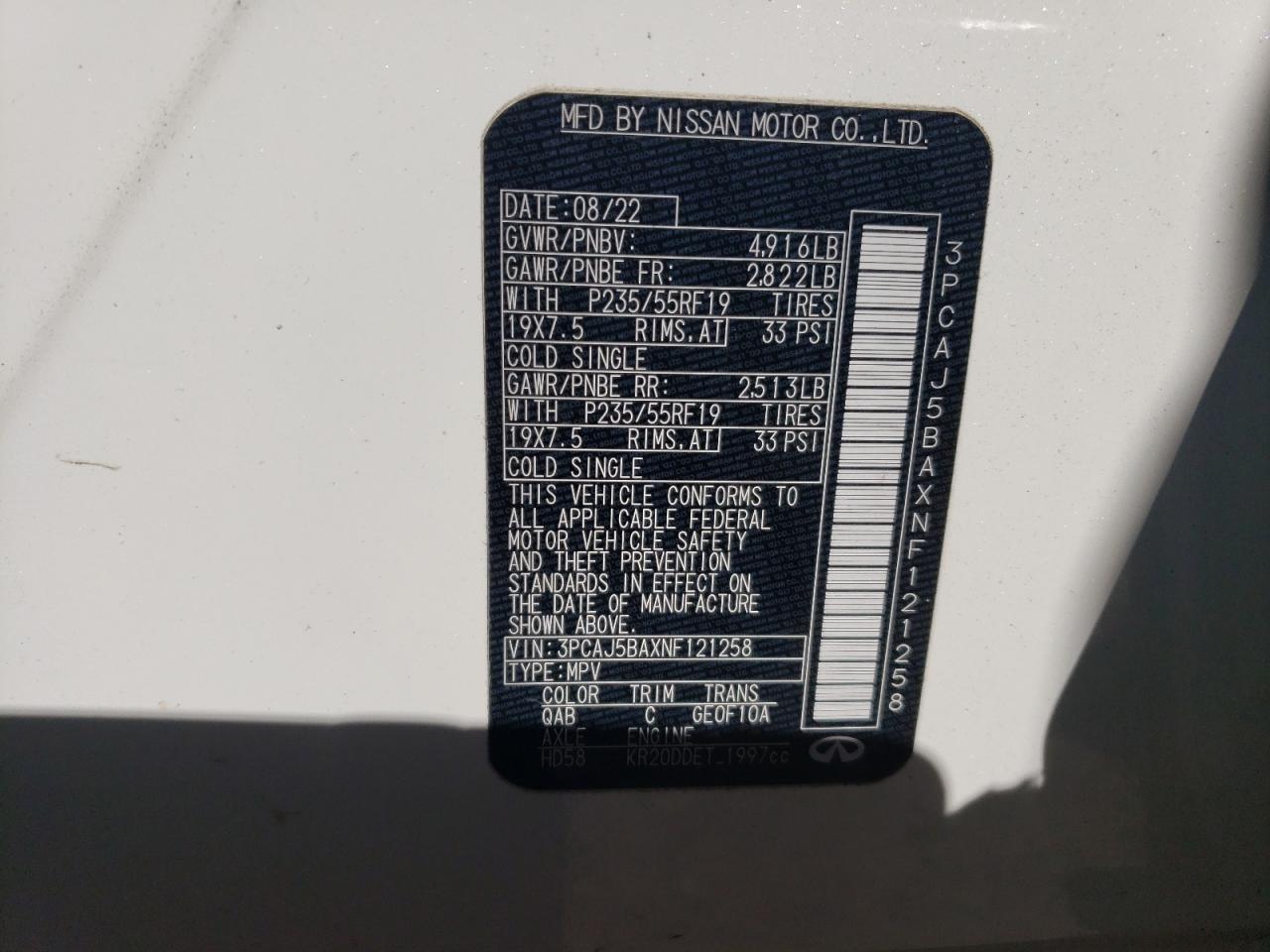 2022 INFINITI QX50 LUXE VIN:3PCAJ5BAXNF121258