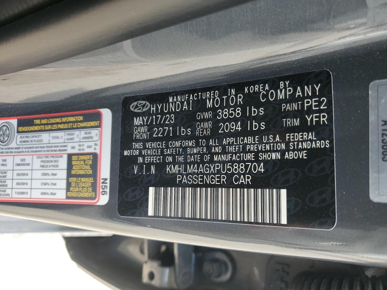 2023 HYUNDAI ELANTRA SEL VIN:KMHLM4AGXPU588704