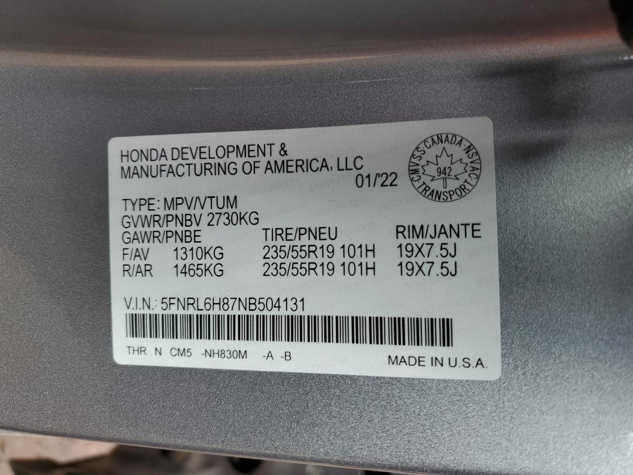 2022 HONDA ODYSSEY TOURING VIN:5FNRL6H87NB504131