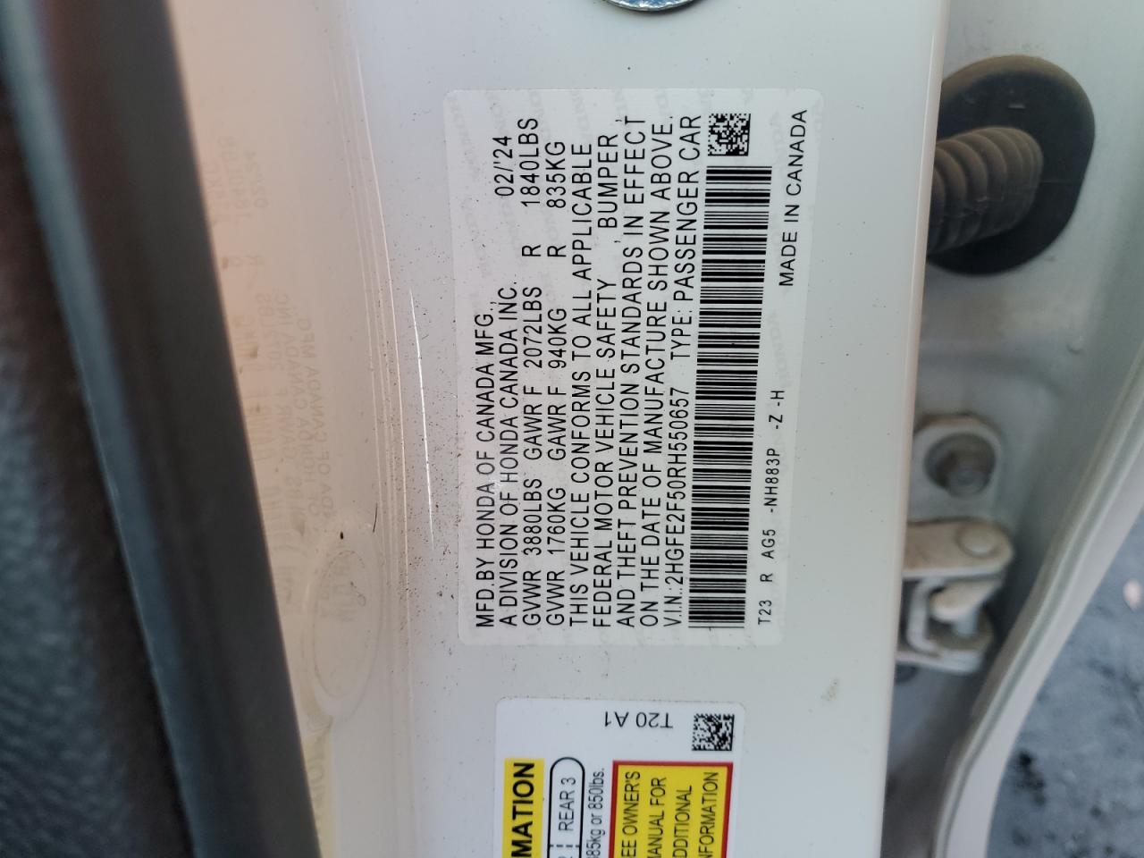 2024 HONDA CIVIC SPORT VIN:2HGFE2F50RH550657