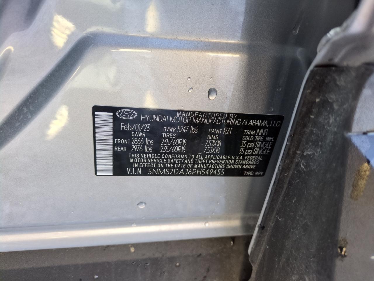 2023 HYUNDAI SANTA FE SEL VIN:5NMS2DAJ6PH549455