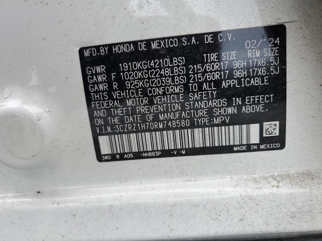 2024 HONDA HR-V EXL VIN:3CZRZ1H70RM748580
