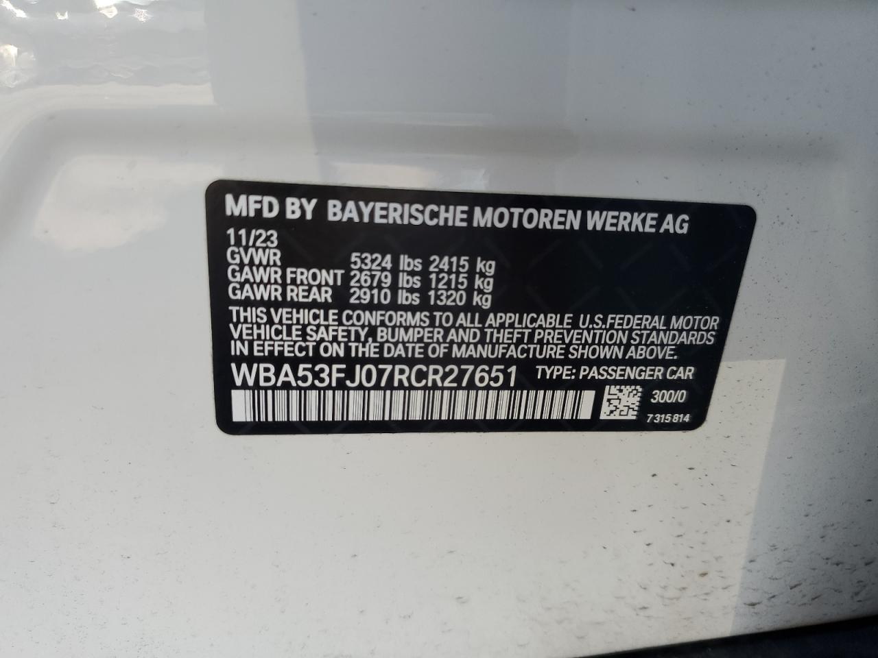 2024 BMW 530 XI VIN:WBA53FJ07RCR27651