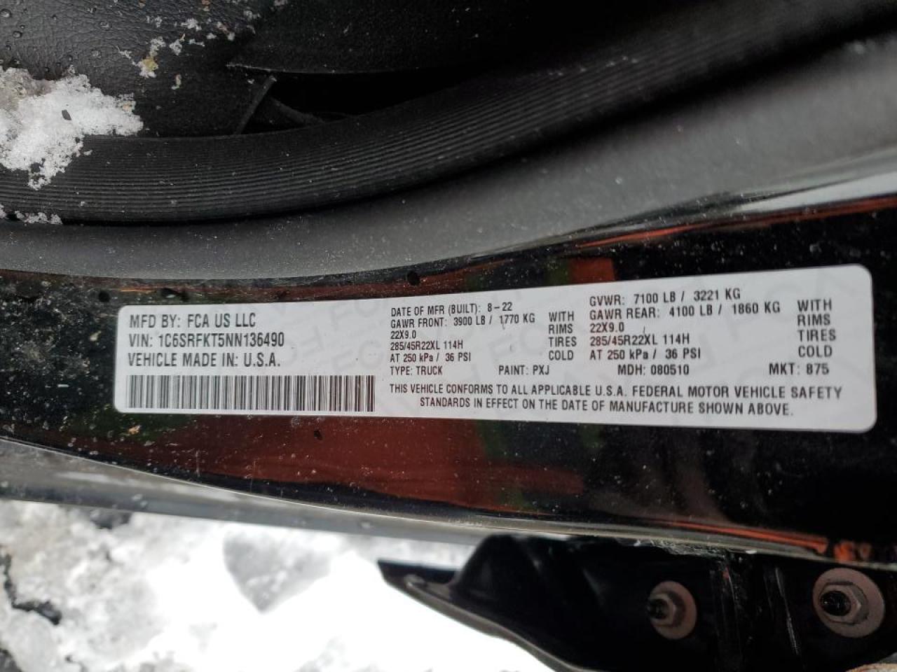 2022 RAM 1500 LONGHORN VIN:1C6SRFKT5NN136490