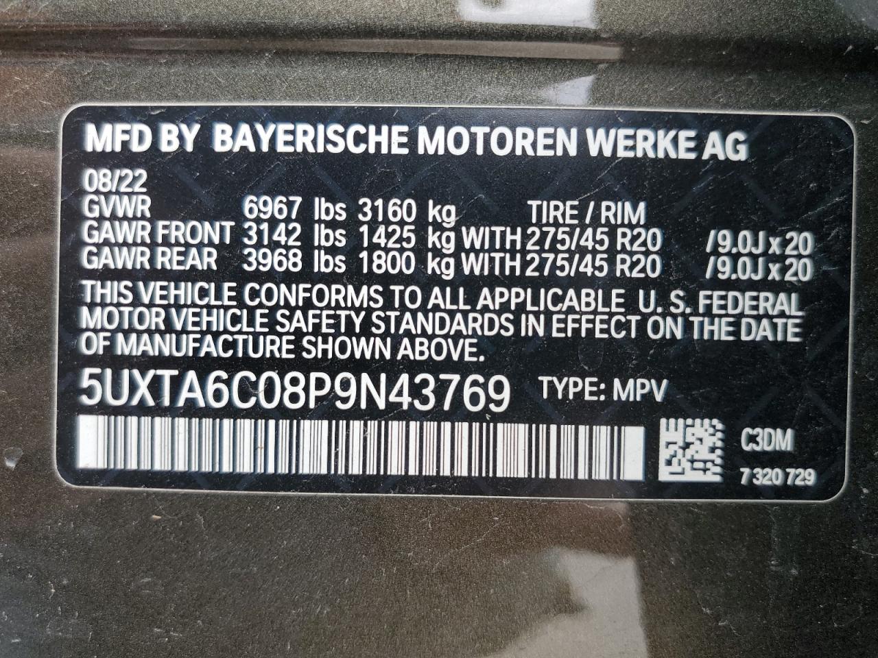 2023 BMW X5 XDRIVE45E VIN:5UXTA6C08P9N43769