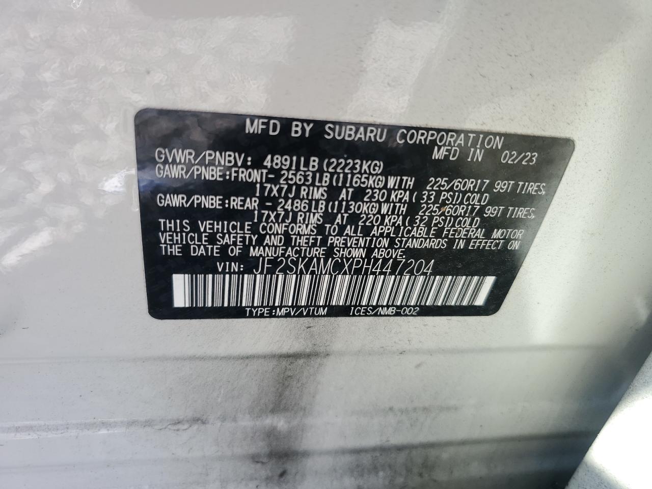 2023 SUBARU FORESTER WILDERNESS VIN:JF2SKAMCXPH447204