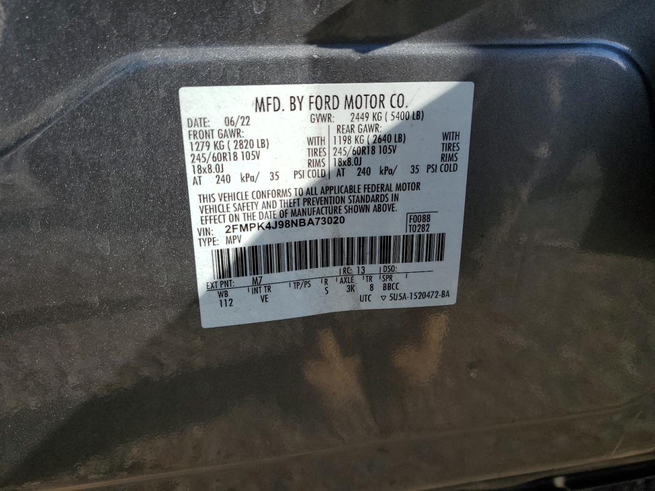2022 FORD EDGE SEL VIN:2FMPK4J98NBA73020