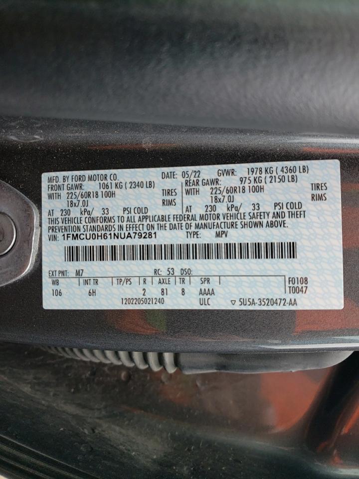 2022 FORD ESCAPE SEL VIN:1FMCU0H61NUA79281