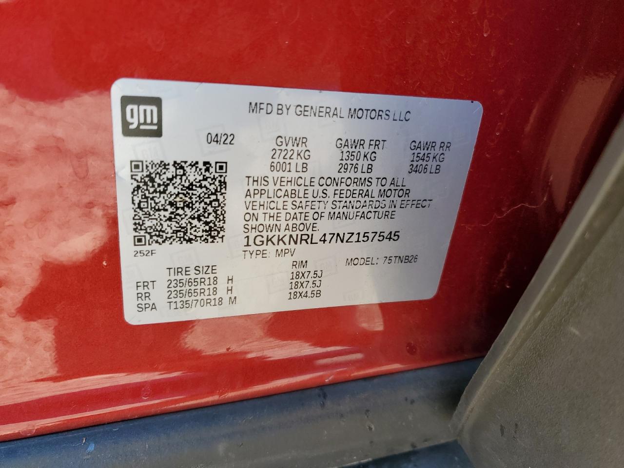 2022 GMC ACADIA SLE VIN:1GKKNRL47NZ157545