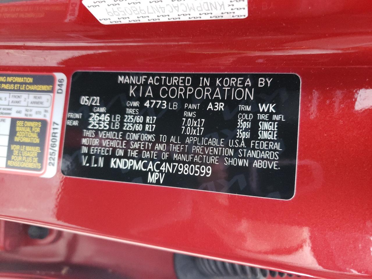 2022 KIA SPORTAGE LX VIN:KNDPMCAC4N7980599