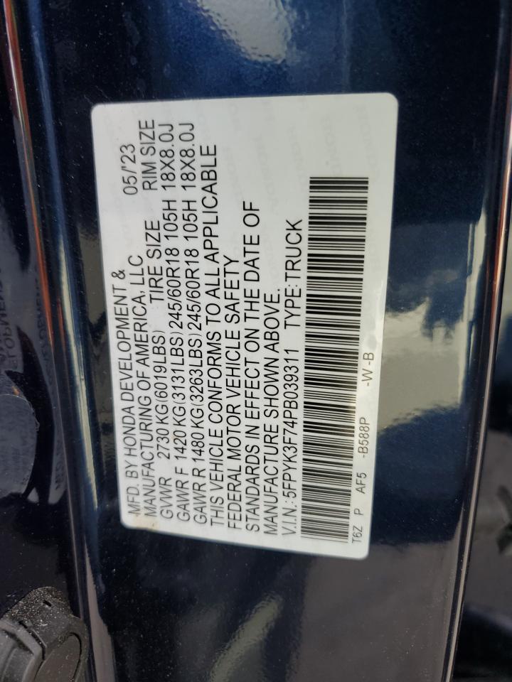 2023 HONDA RIDGELINE RTL-E VIN:5FPYK3F74PB039311