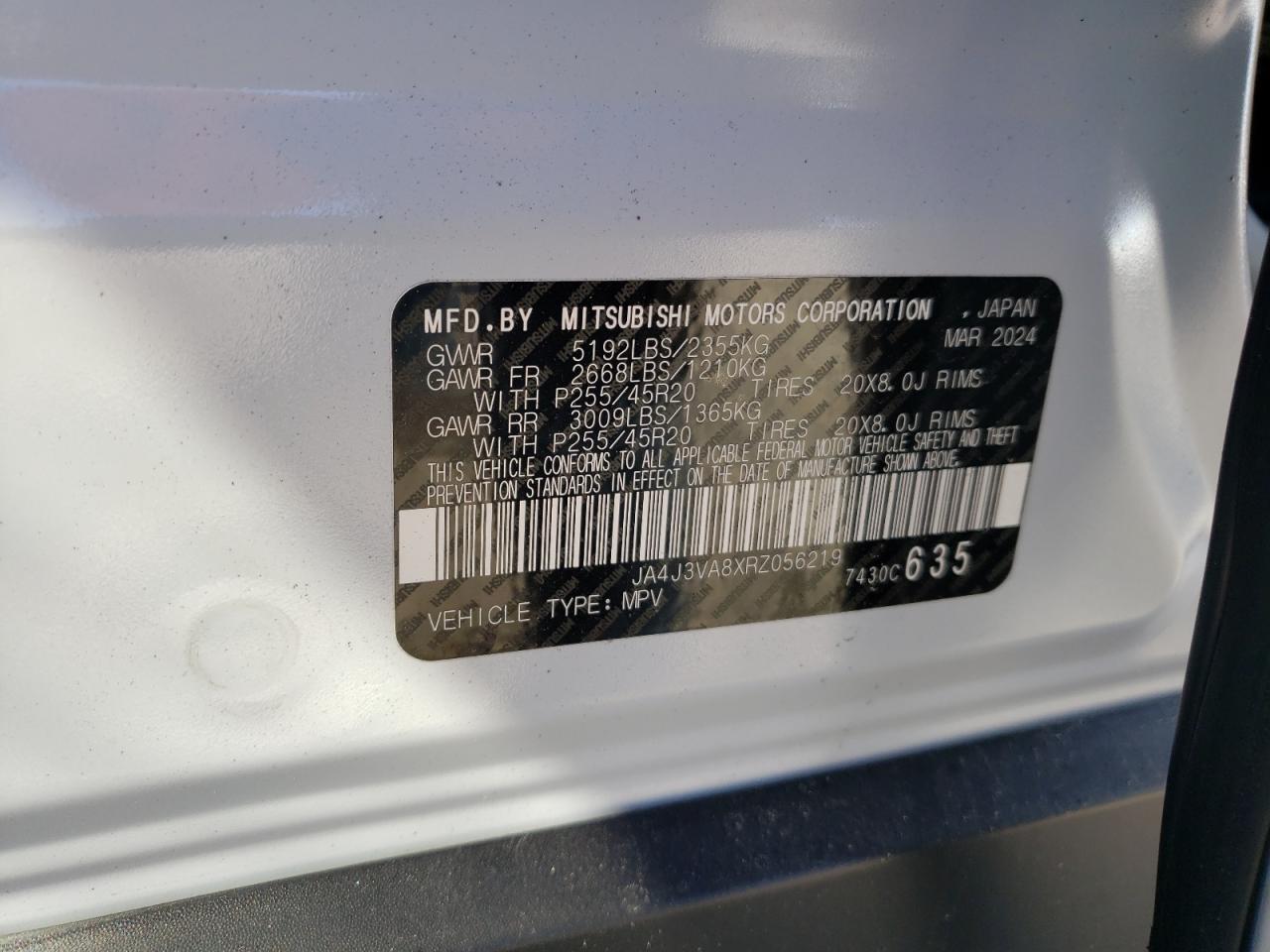 2024 MITSUBISHI OUTLANDER SE VIN:JA4J3VA8XRZ056219