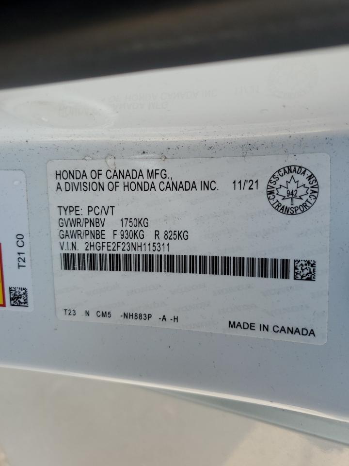 2022 HONDA CIVIC LX VIN:2HGFE2F23NH115311