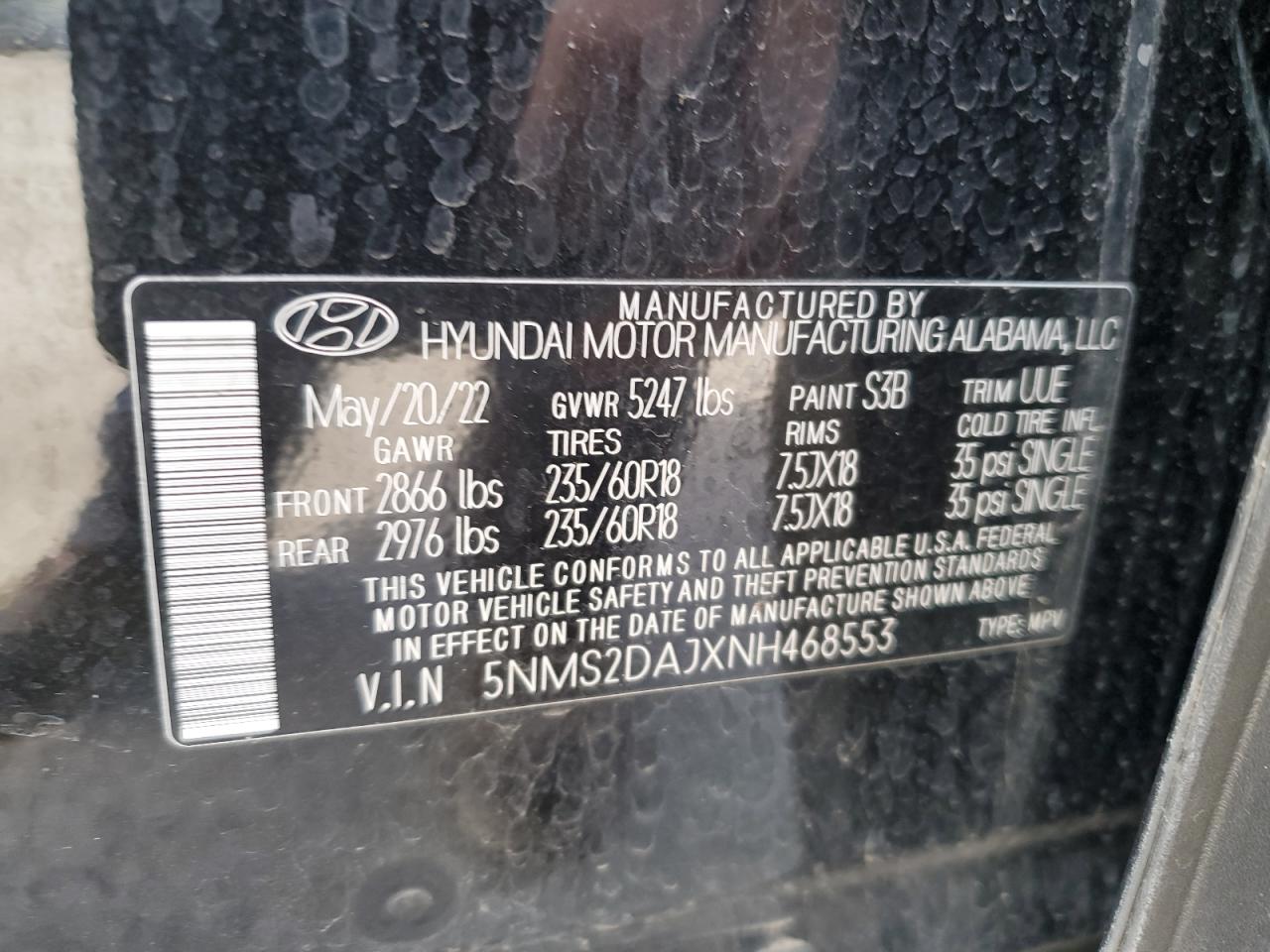 2022 HYUNDAI SANTA FE SEL VIN:5NMS2DAJXNH468553