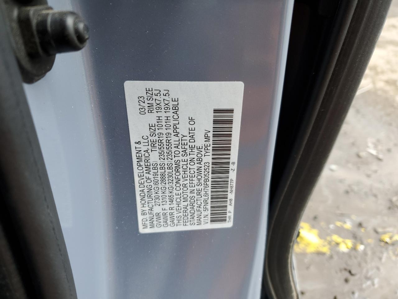 2023 HONDA ODYSSEY SPORT-L VIN:5FNRL6H76PB052523