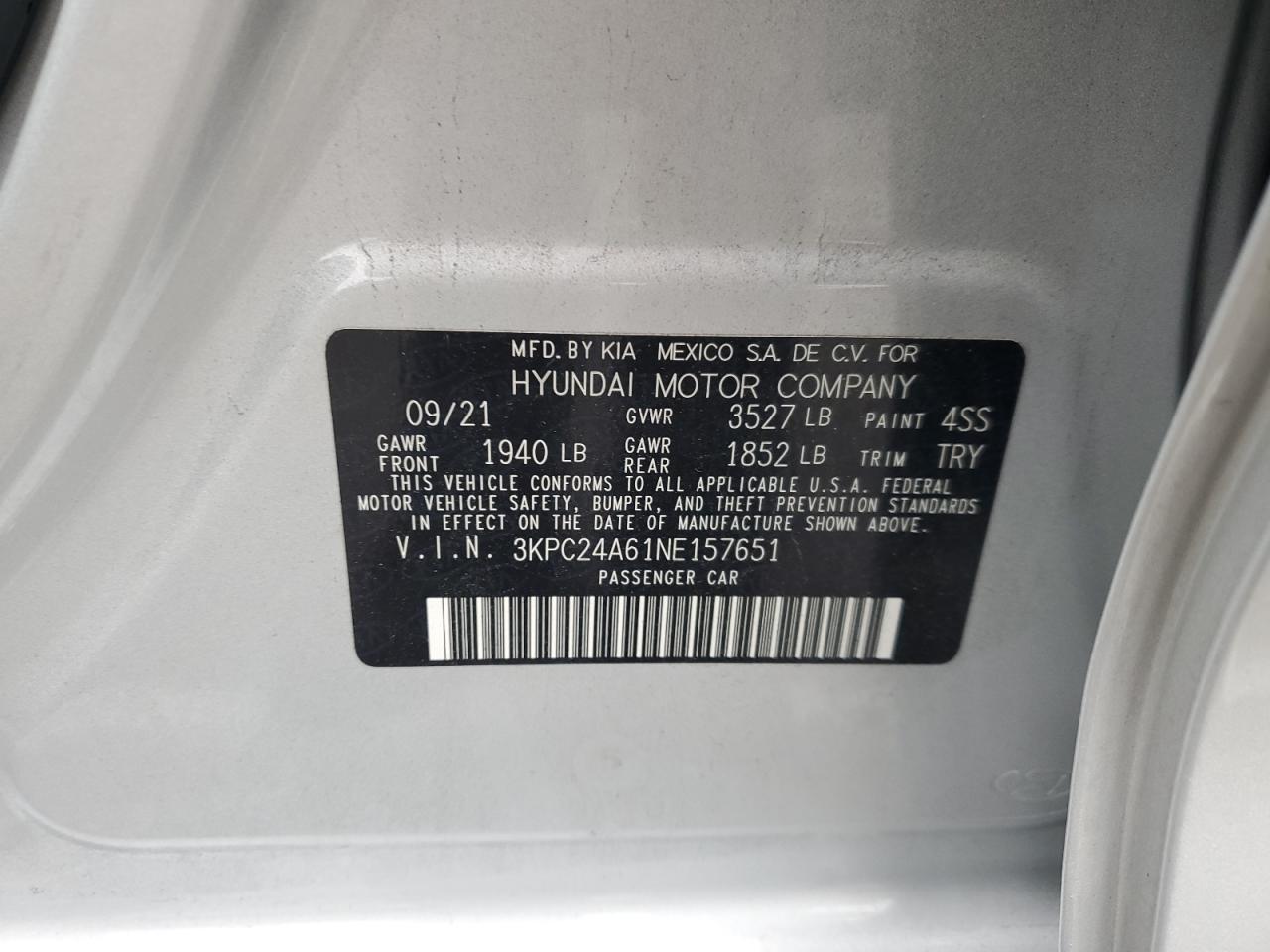 2022 HYUNDAI ACCENT SE VIN:3KPC24A61NE157651