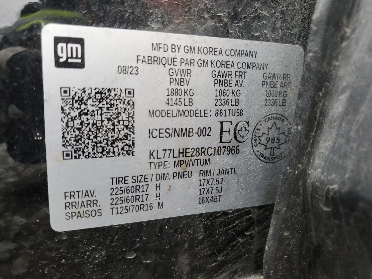 2024 CHEVROLET TRAX 1LT VIN:KL77LHE28RC107966