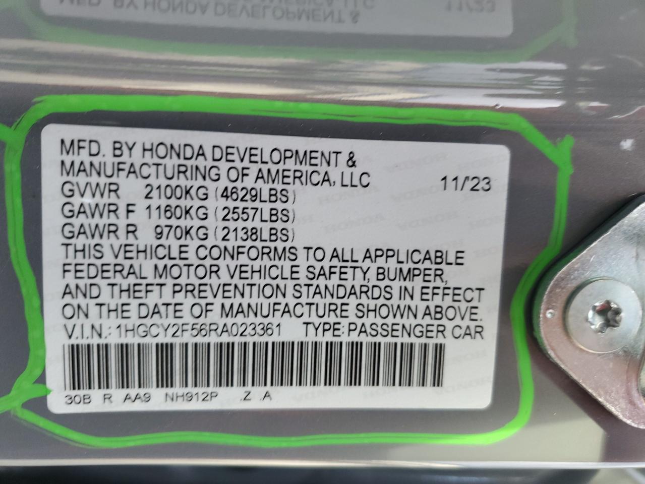 2024 HONDA ACCORD HYBRID SPORT VIN:1HGCY2F56RA023361