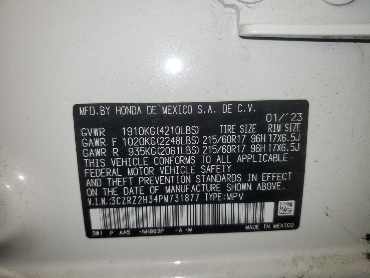 2023 HONDA HR-V LX VIN:3CZRZ2H34PM731877