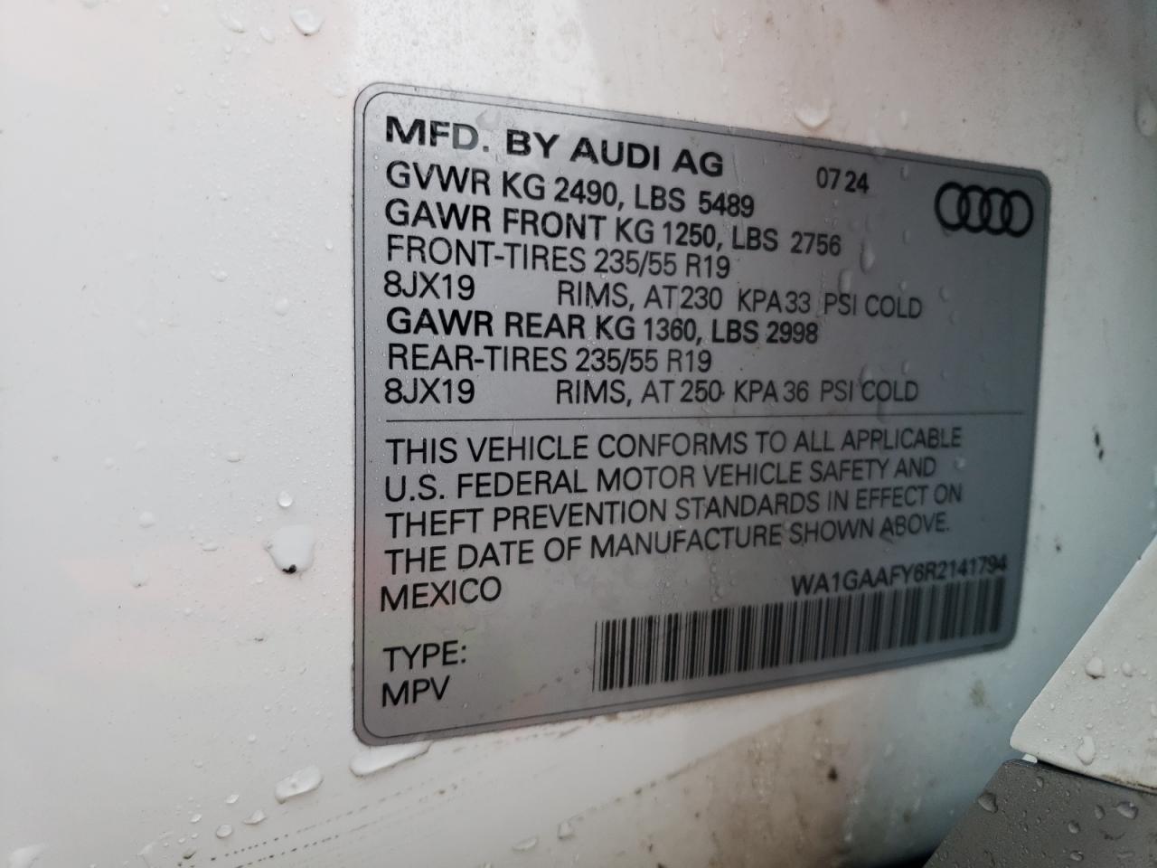 2024 AUDI Q5 PREMIUM 45 VIN:WA1GAAFY6R2141794