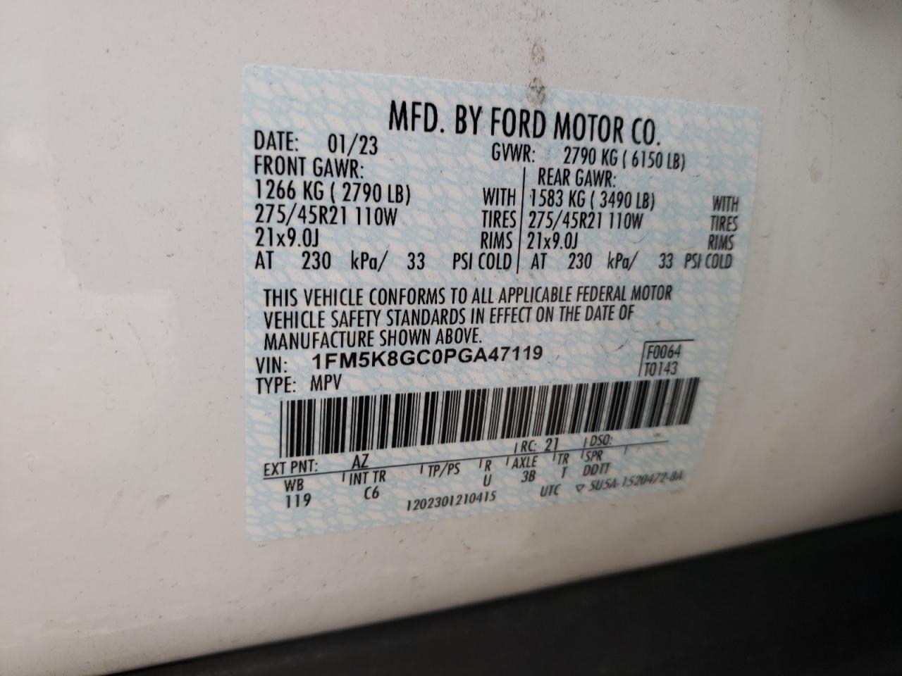 2023 FORD EXPLORER ST VIN:1FM5K8GC0PGA47119