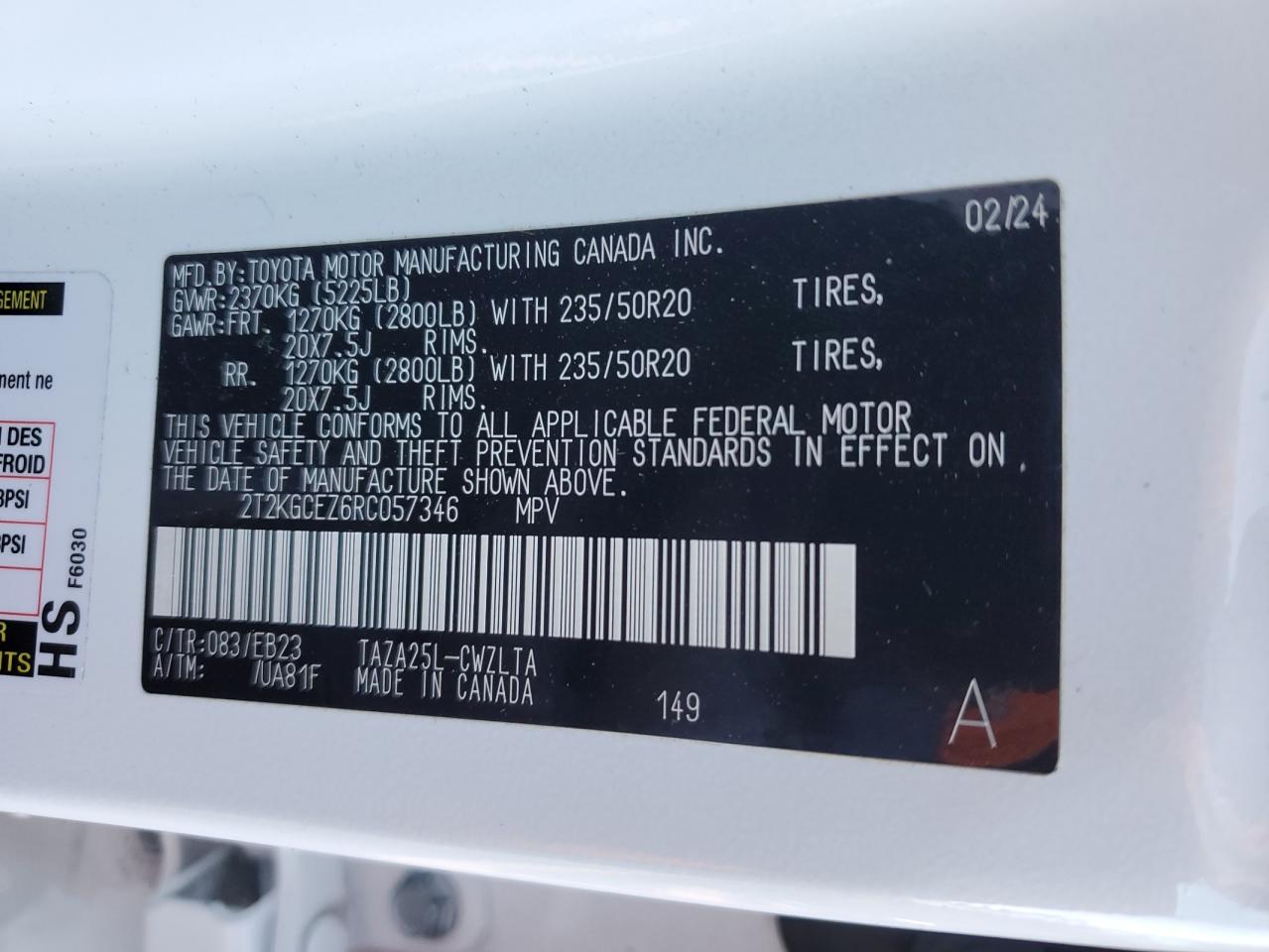 2024 LEXUS NX 350 LUXURY VIN:2T2KGCEZ6RC057346