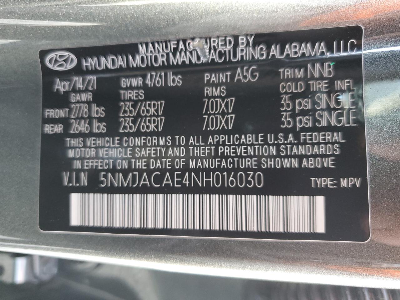 2022 HYUNDAI TUCSON SE VIN:5NMJACAE4NH016030