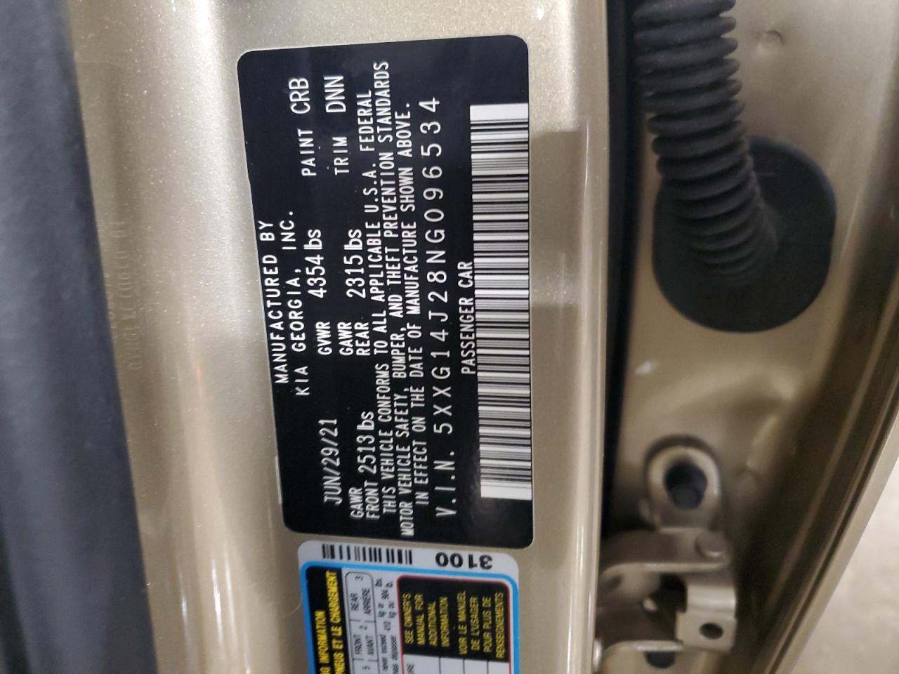 2022 KIA K5 LXS VIN:5XXG14J28NG096534