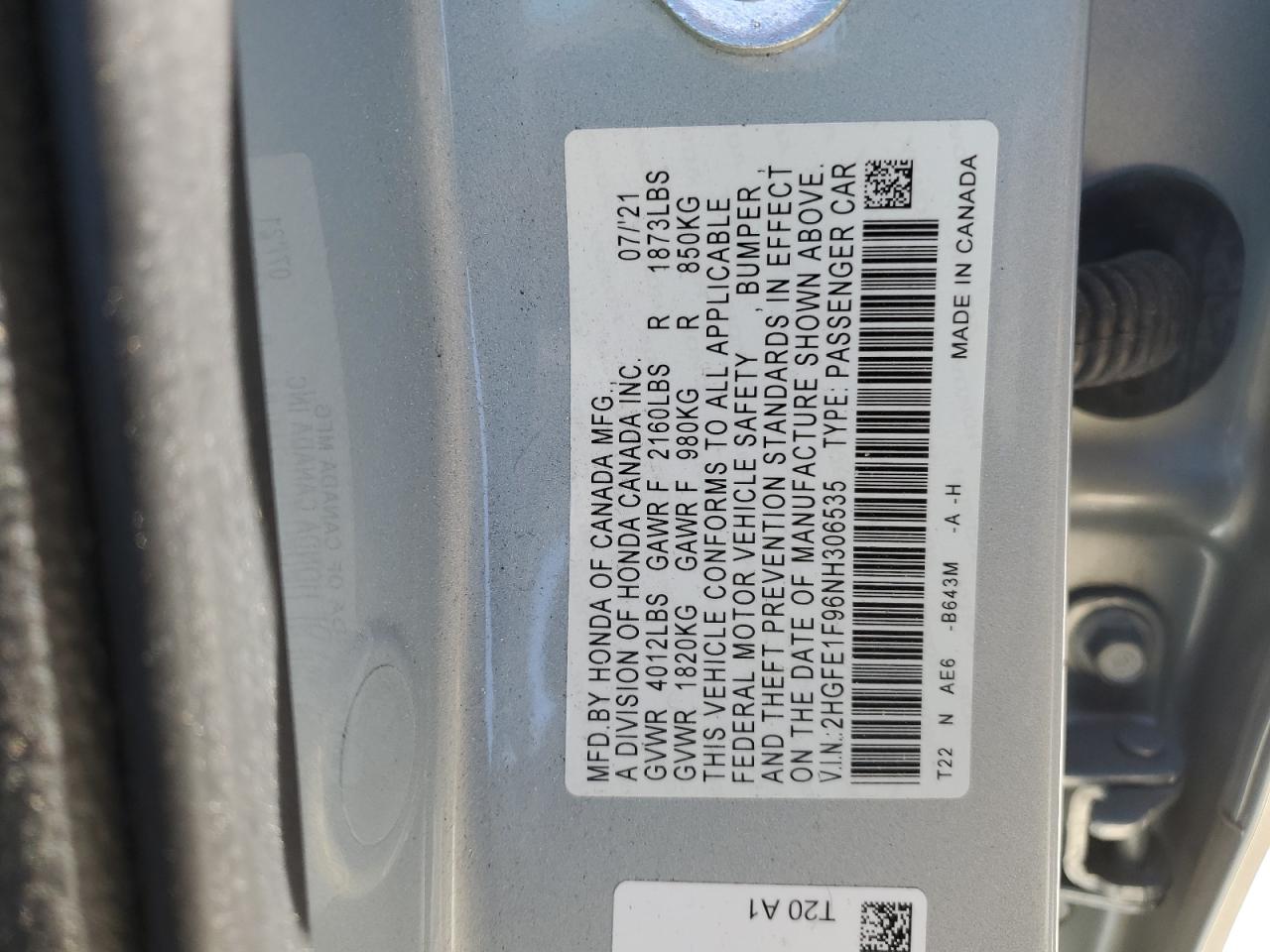 2022 HONDA CIVIC TOURING VIN:2HGFE1F96NH306535