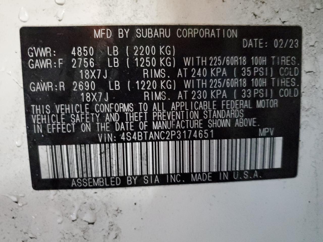 2023 SUBARU OUTBACK LIMITED VIN:4S4BTANC2P3174651