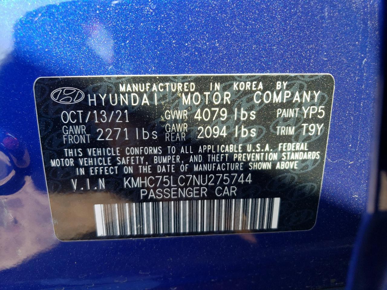 2022 HYUNDAI IONIQ SE VIN:KMHC75LC7NU275744