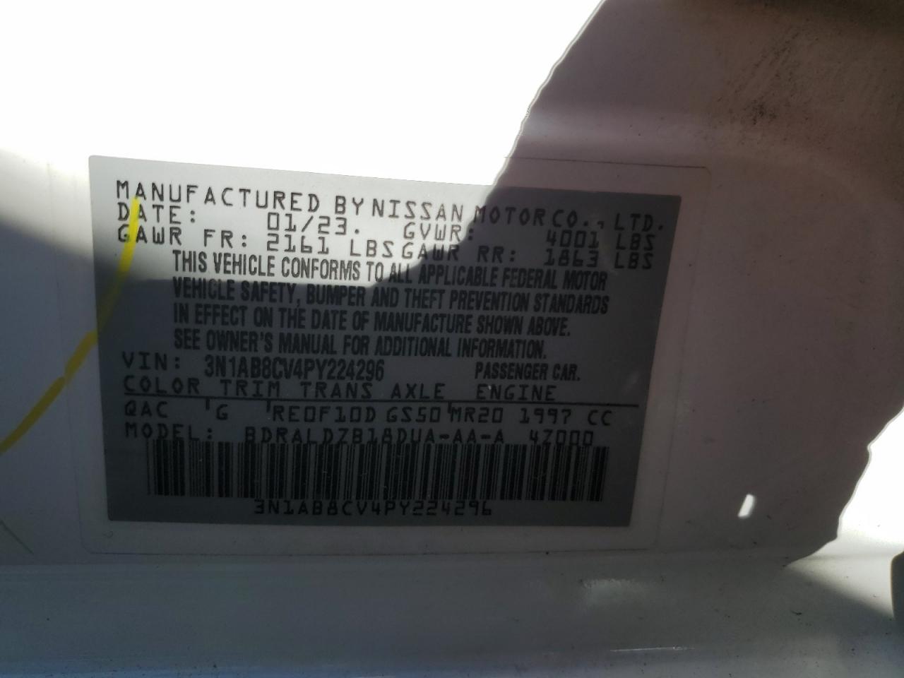 2023 NISSAN SENTRA SV VIN:3N1AB8CV4PY224296
