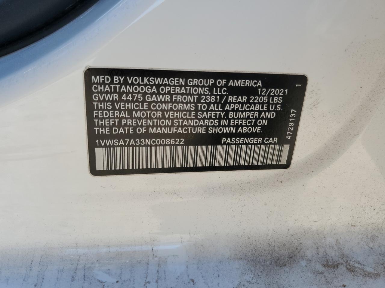 2022 VOLKSWAGEN PASSAT SE VIN:1VWSA7A33NC008622