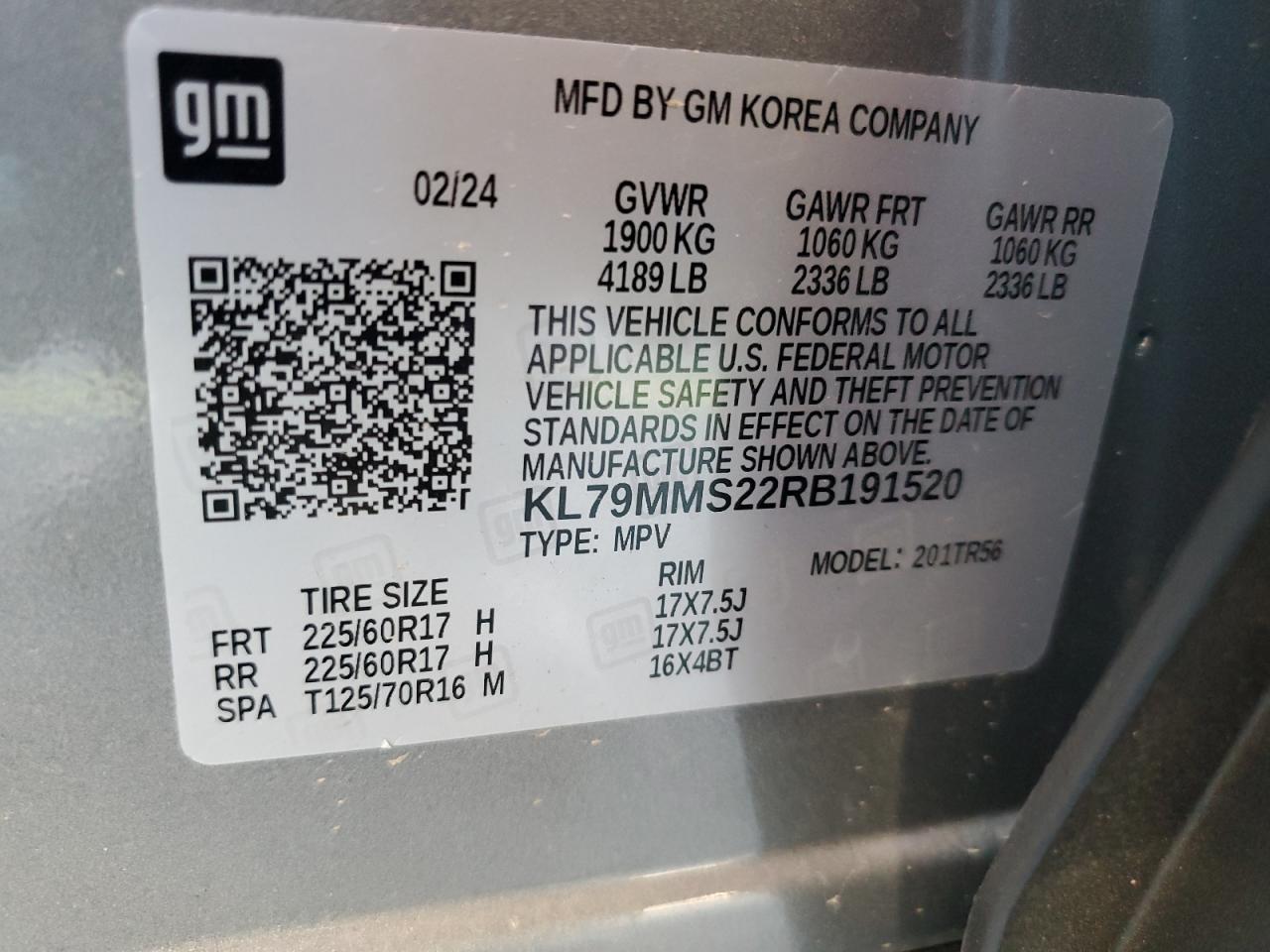 2024 CHEVROLET TRAILBLAZER LS VIN:KL79MMS22RB191520