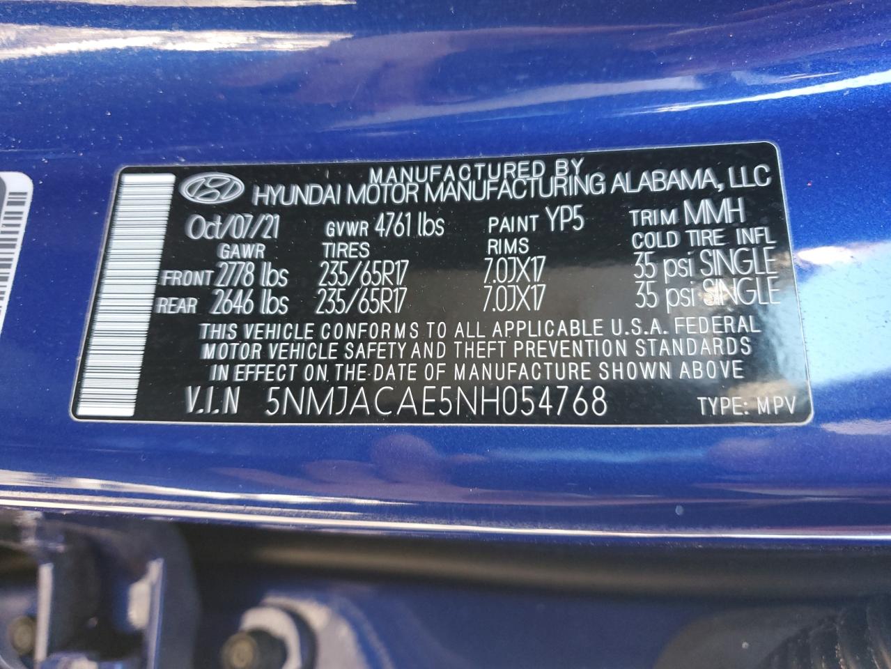 2022 HYUNDAI TUCSON SE VIN:5NMJACAE5NH054768