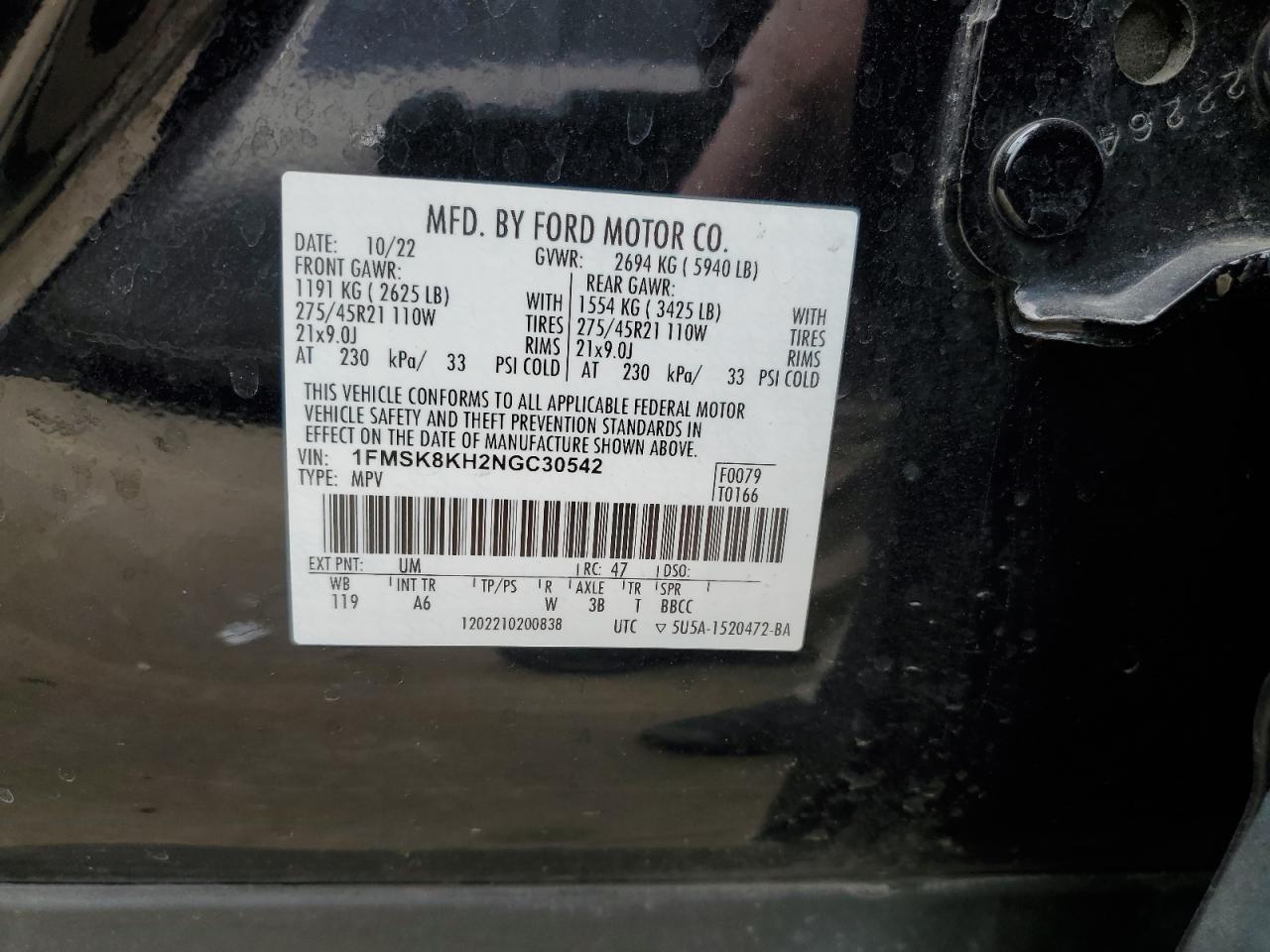 2022 FORD EXPLORER ST-LINE VIN:1FMSK8KH2NGC30542