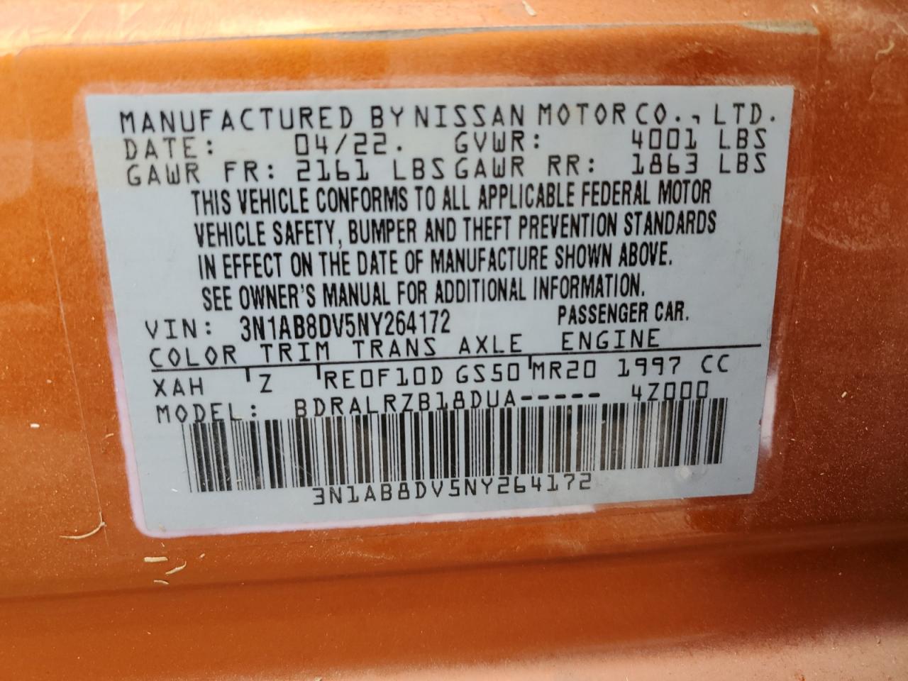 2022 NISSAN SENTRA SR VIN:3N1AB8DV5NY264172