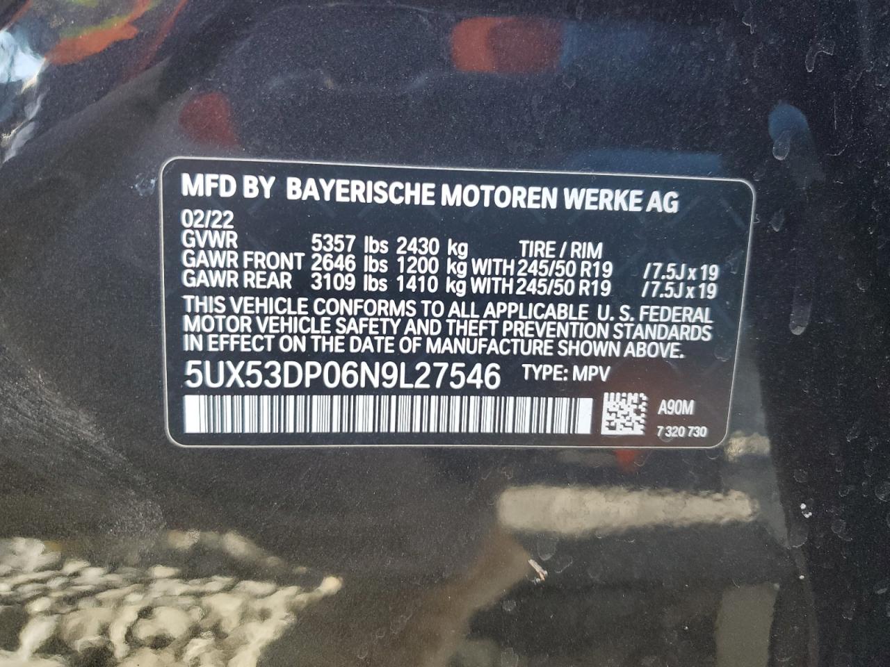 2022 BMW X3 XDRIVE30I VIN:5UX53DP06N9L27546