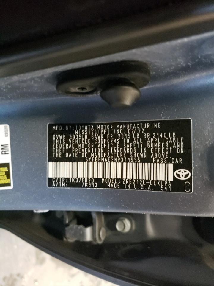 2022 TOYOTA COROLLA LE VIN:5YFEPMAE3NP311955