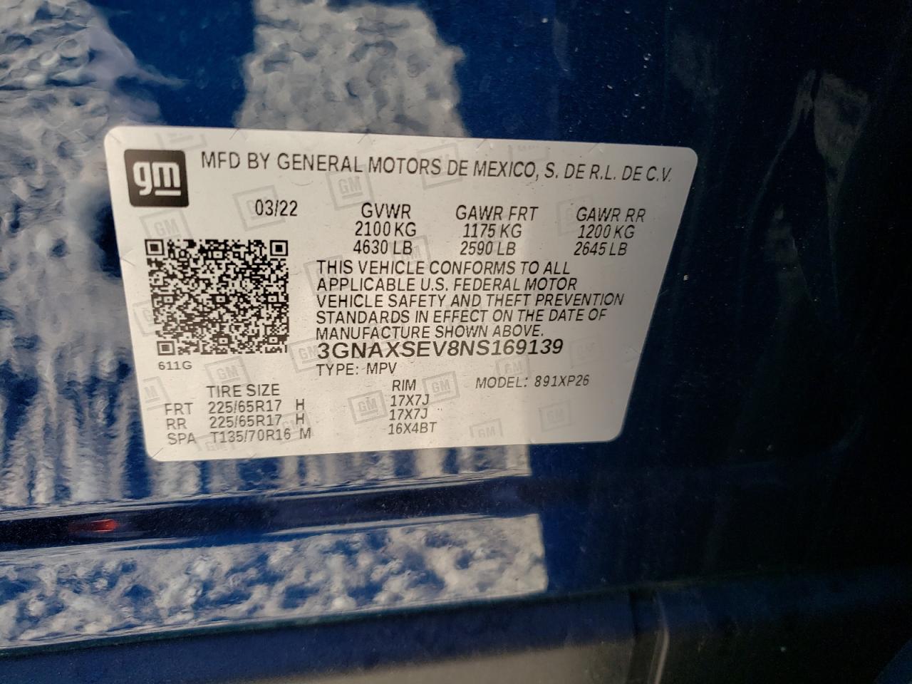 2022 CHEVROLET EQUINOX LS VIN:3GNAXSEV8NS169139