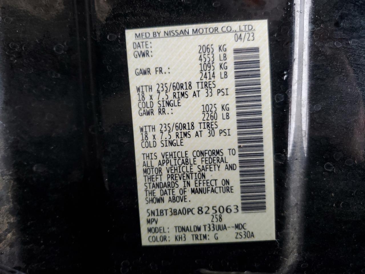 2023 NISSAN ROGUE SV VIN:5N1BT3BA0PC825063