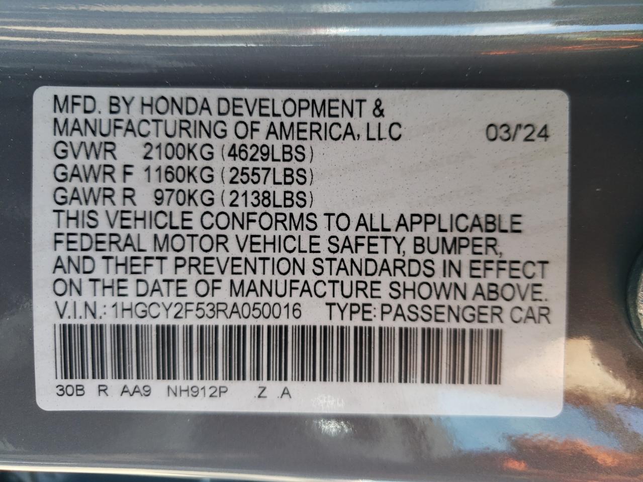 2024 HONDA ACCORD HYBRID SPORT VIN:1HGCY2F53RA050016