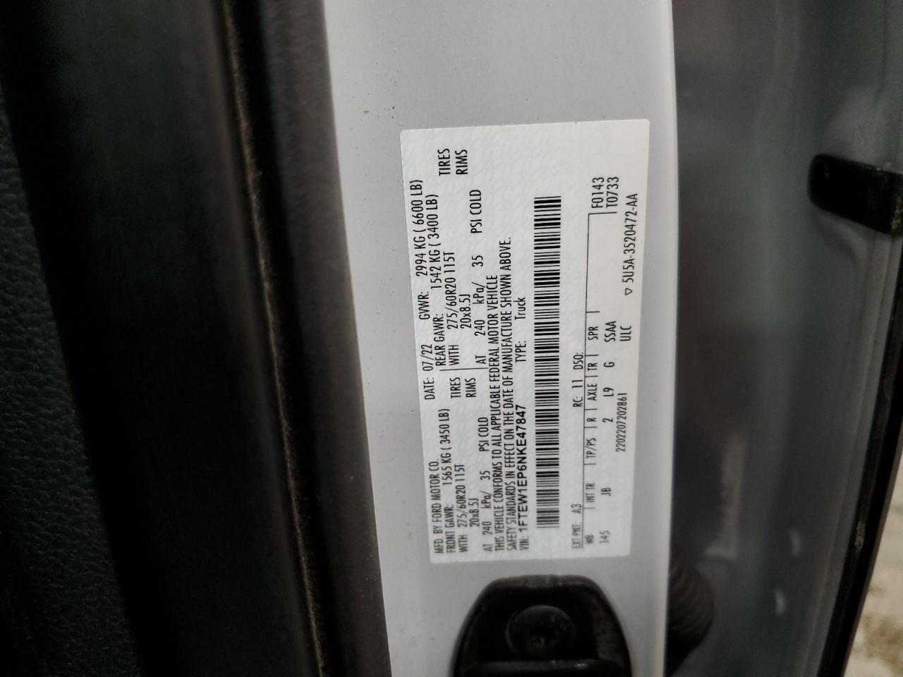 2022 FORD F150 SUPERCREW VIN:1FTEW1EP6NKE47847