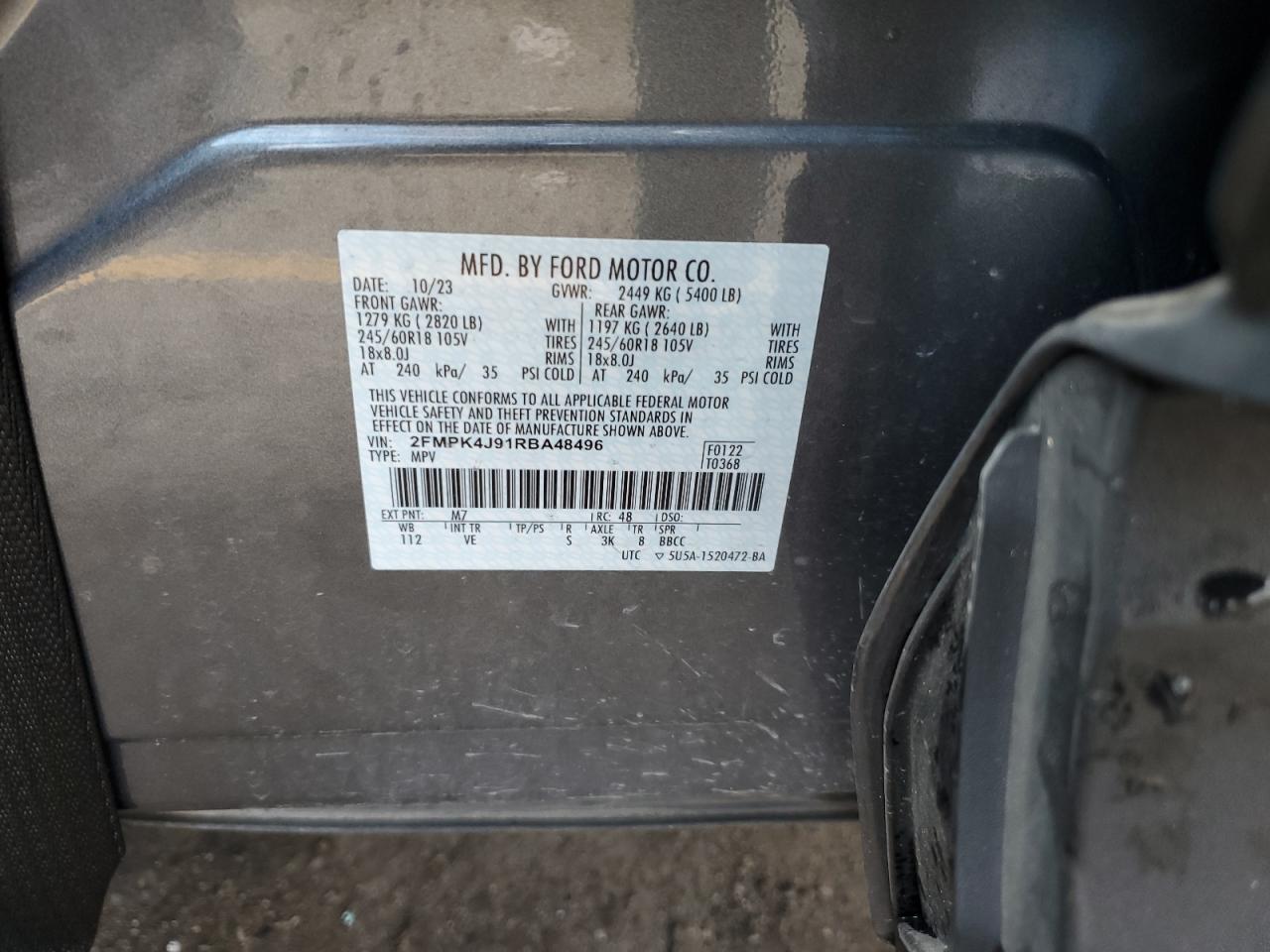 2024 FORD EDGE SEL VIN:2FMPK4J91RBA48496
