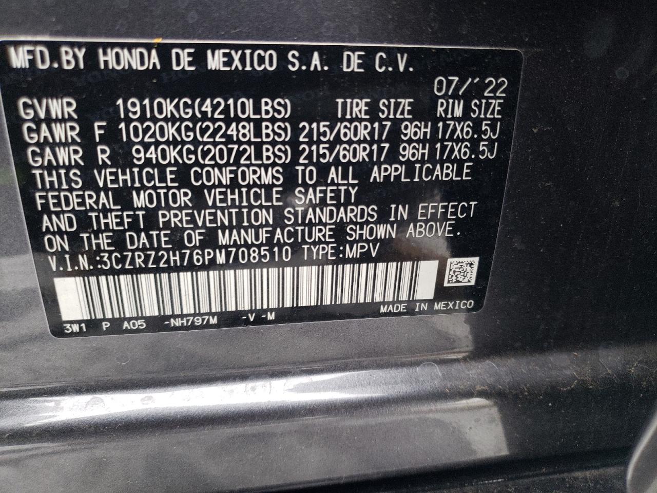 2023 HONDA HR-V EXL VIN:1C3CCBAB5EN151284