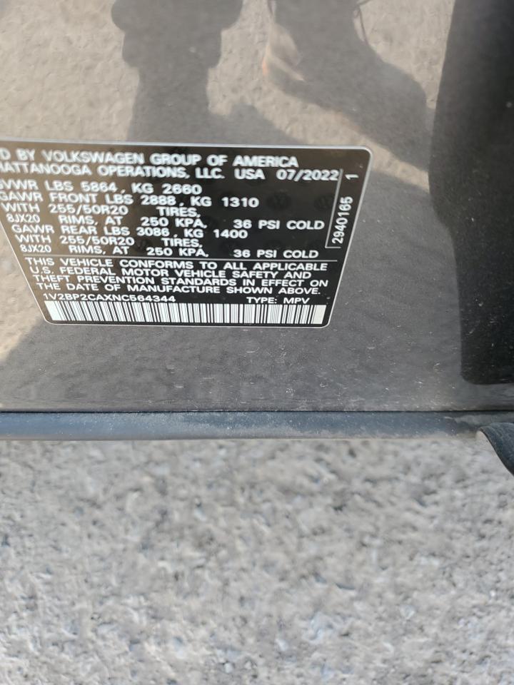 2022 VOLKSWAGEN ATLAS SEL VIN:1V2BP2CAXNC564344