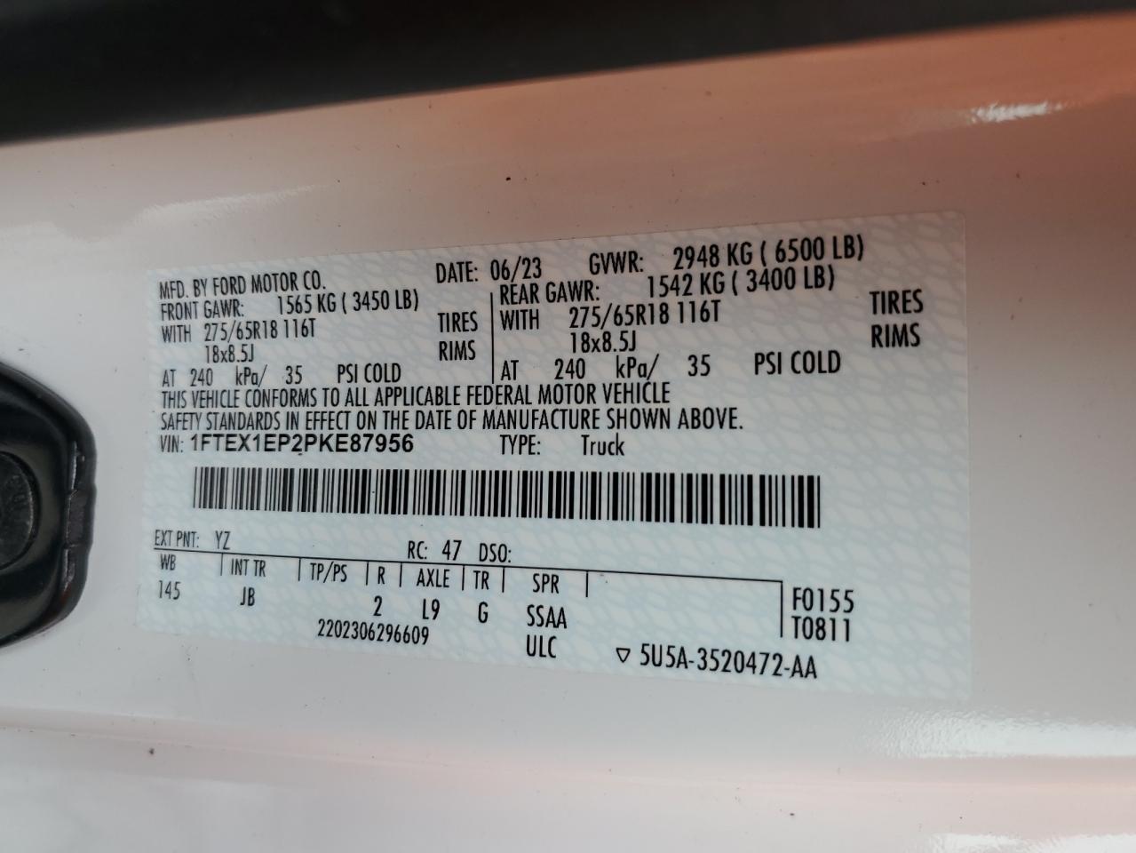 2023 FORD F150 SUPER CAB VIN:1FTEX1EP2PKE87956