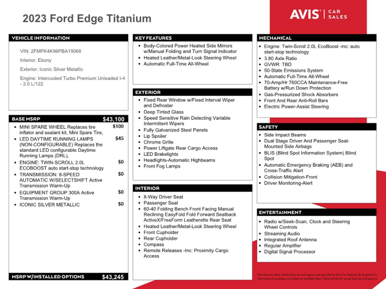 2023 FORD EDGE TITANIUM VIN:2FMPK4K96PBA19068