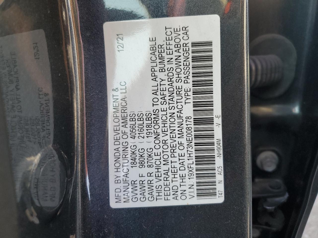 2022 HONDA CIVIC EXL VIN:19XFL1H73NE008178