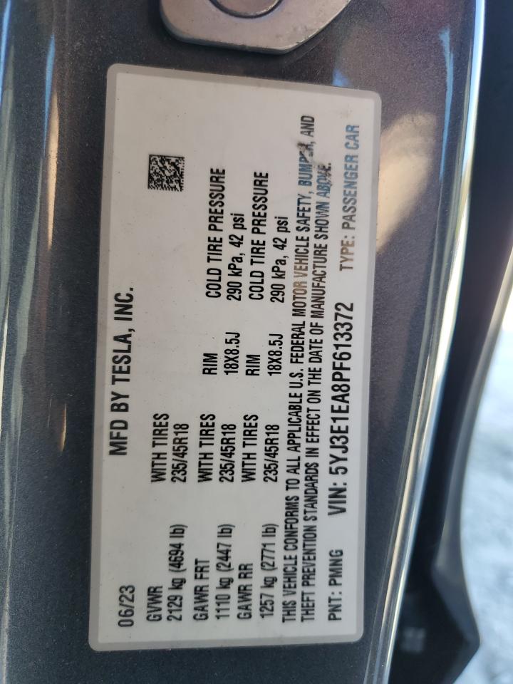 2023 TESLA MODEL 3  VIN:5YJ3E1EA8PF613372